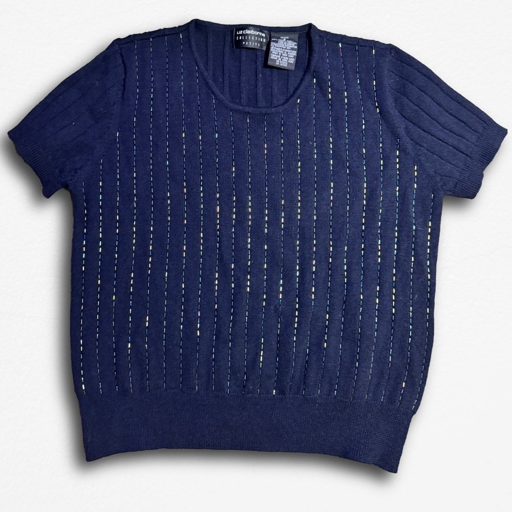 Liz Claiborne Collection Petite Navy Blue Beaded Ribbed Short Sleeve Sweater S